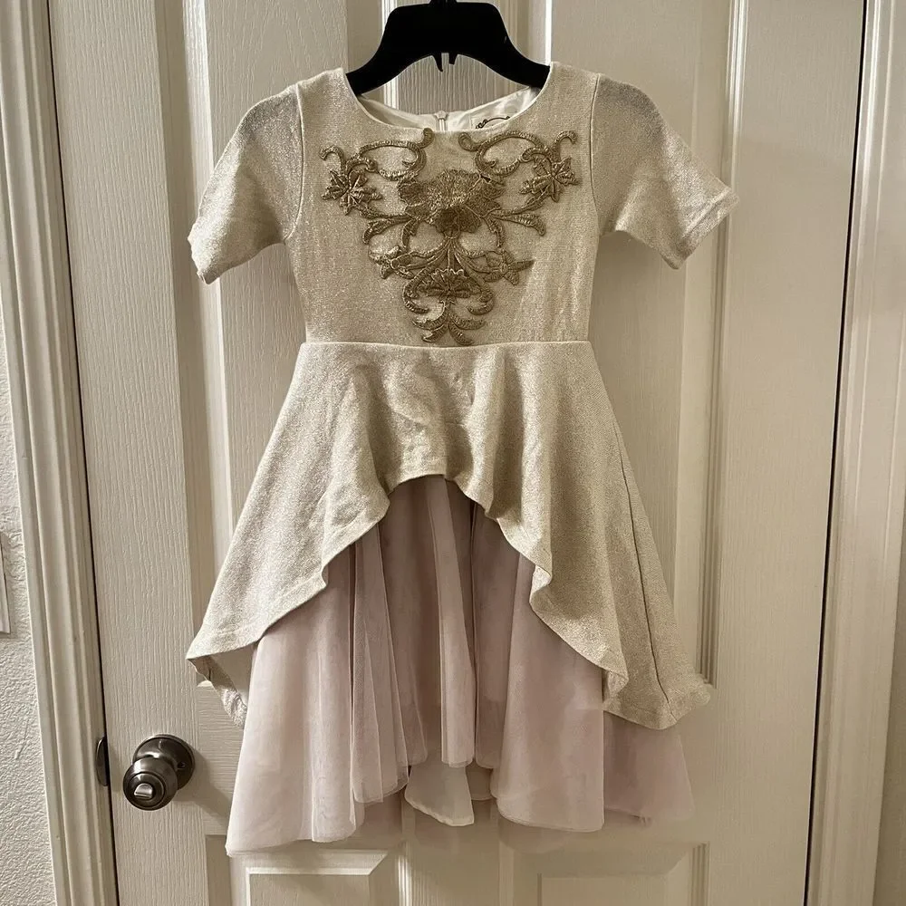 Joyfolie Roselyn Petticoat Dress in Gold Tulle Hi-Low Mia Joy Girls Size 5